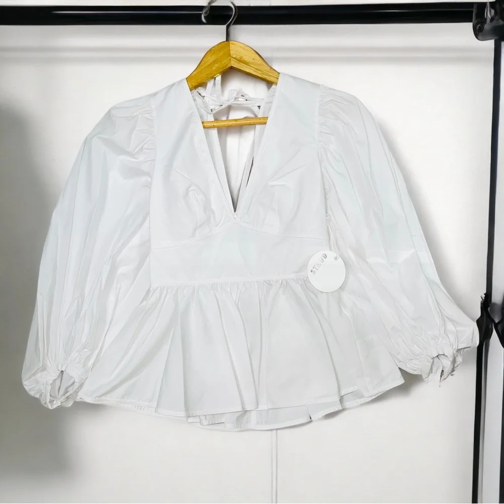 STAUD White V-Neck Peplum Puff Sleeve Blouse